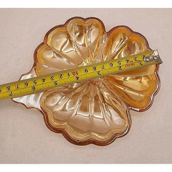 Doric Jeannette Glass Iridescent Amber Clover Leaf Candy Relish Dish Vintage - Picture 3 of 5